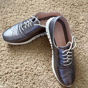 Cole Haan Metallic Bronze Leather Wingtip Flats with White Sole